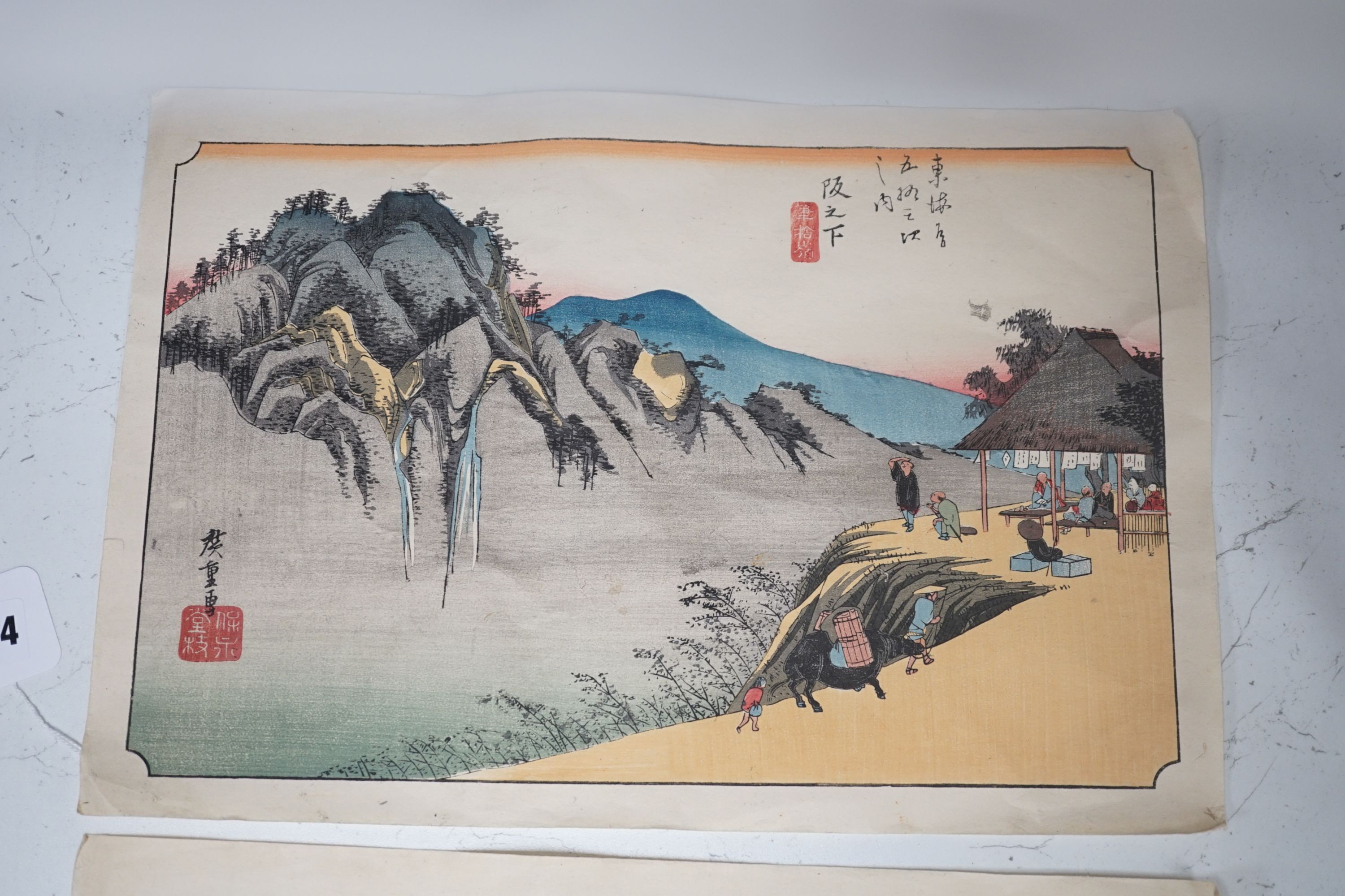 Hiroshige, two woodblock prints, Views along The Tokaido Road, overall 25 x 38cm, unframed